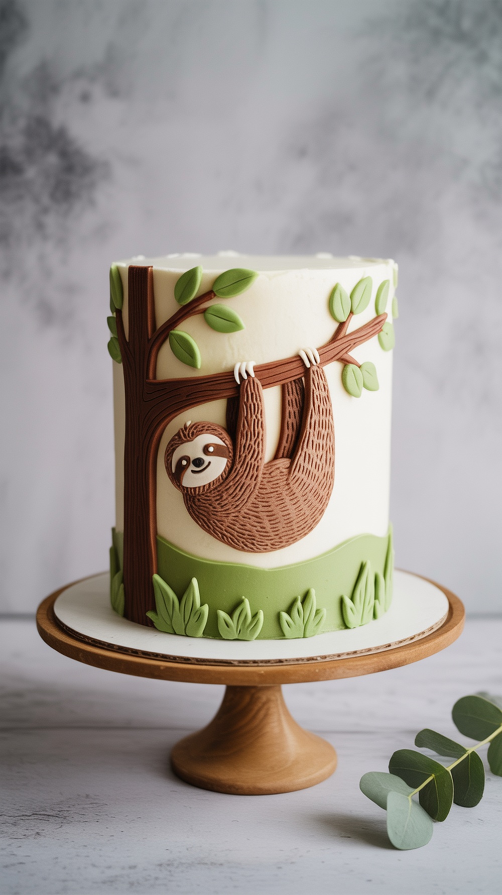 A cute sloth cake decorated with a sloth hanging from a tree branch and green leaves.