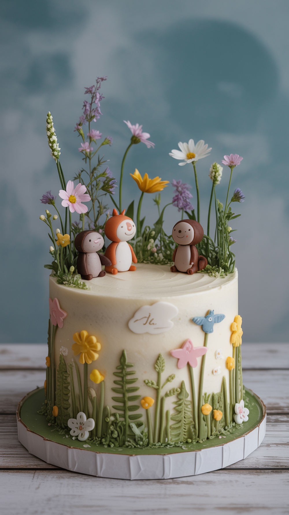 A woodland themed baby shower cake with flowers and animal figurines.