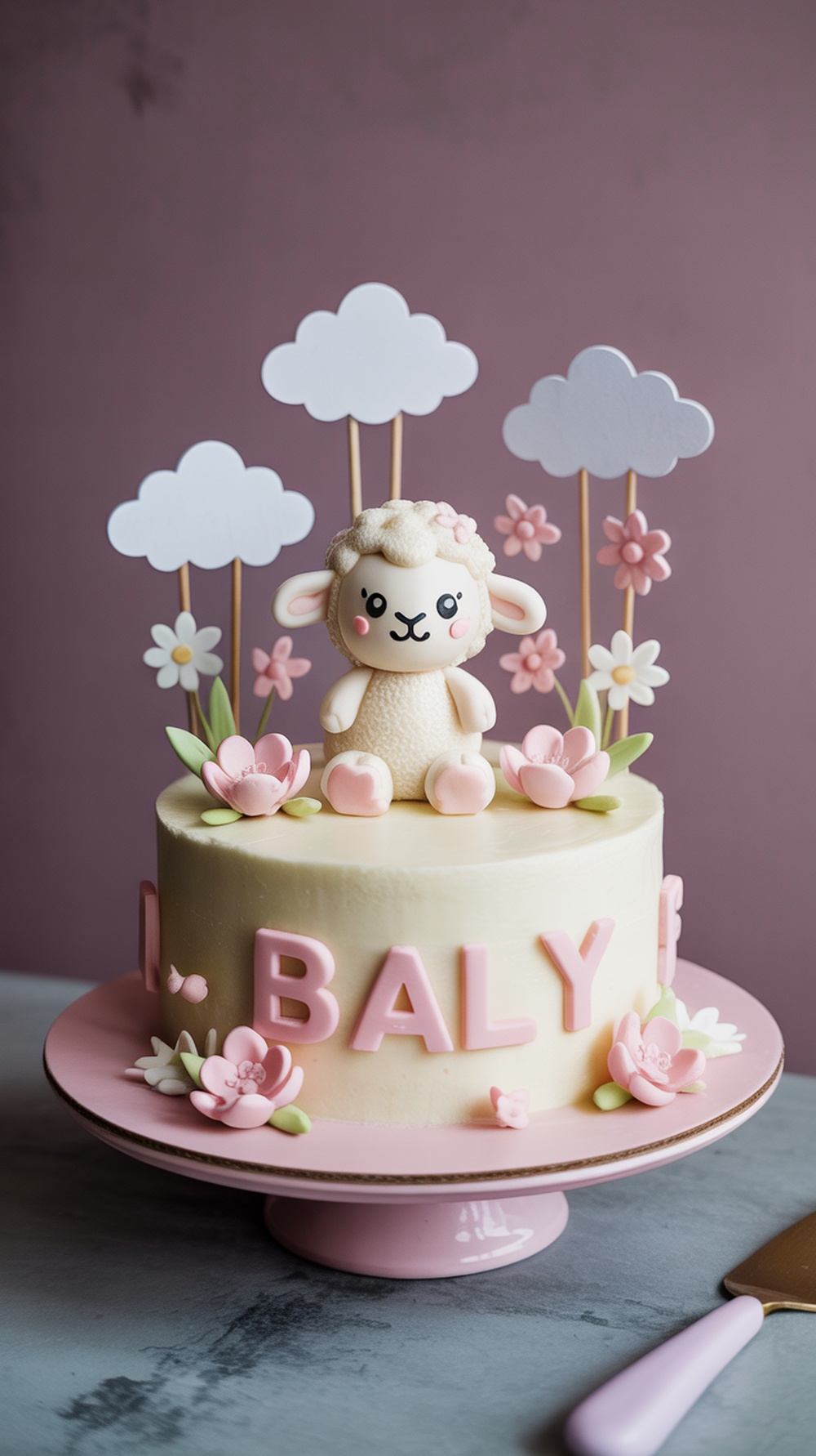 A cute baby shower cake featuring a lamb figure, pink flowers, and white clouds.