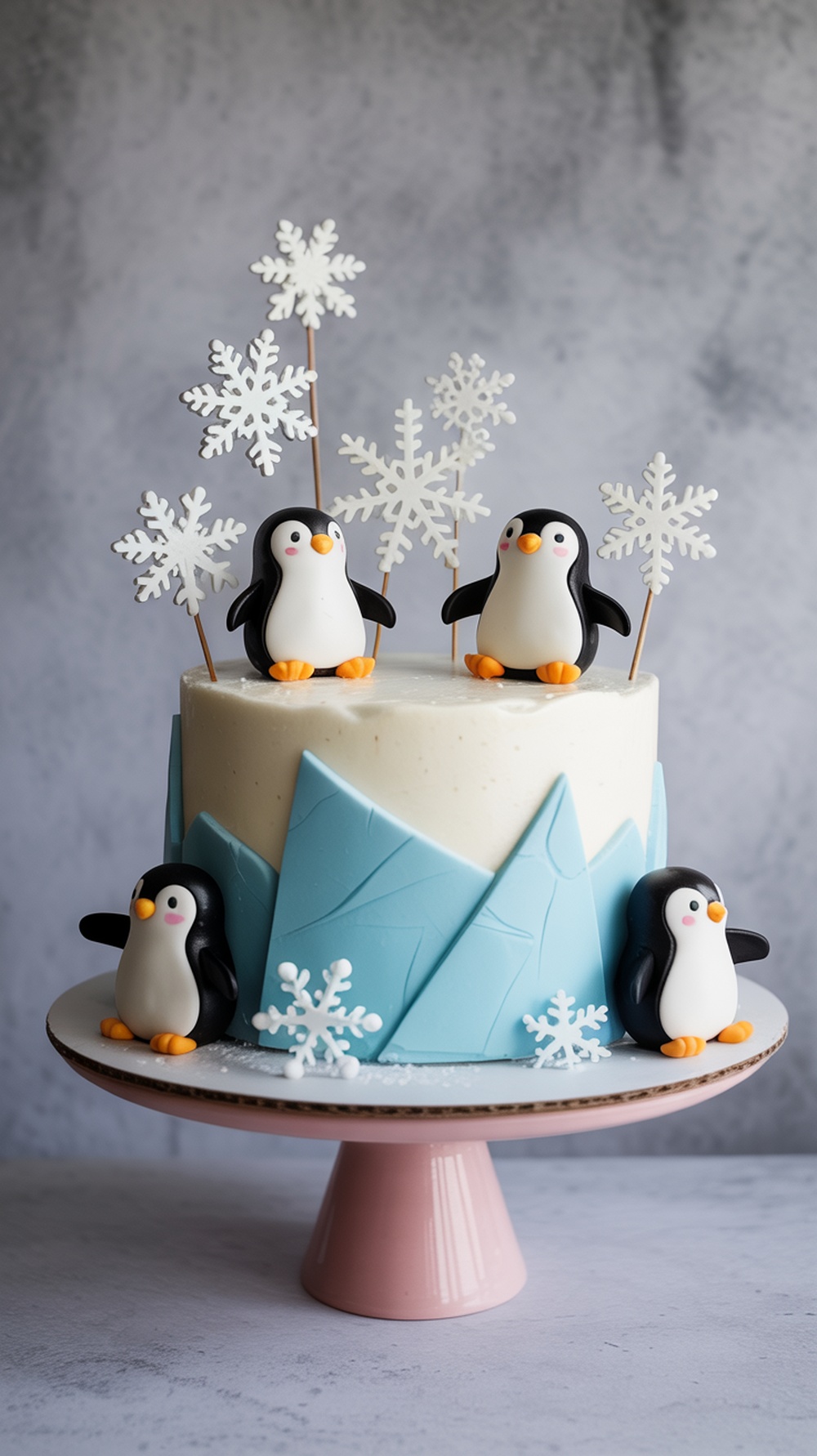 A whimsical cake decorated with penguin figurines and snowflakes, perfect for a baby shower.