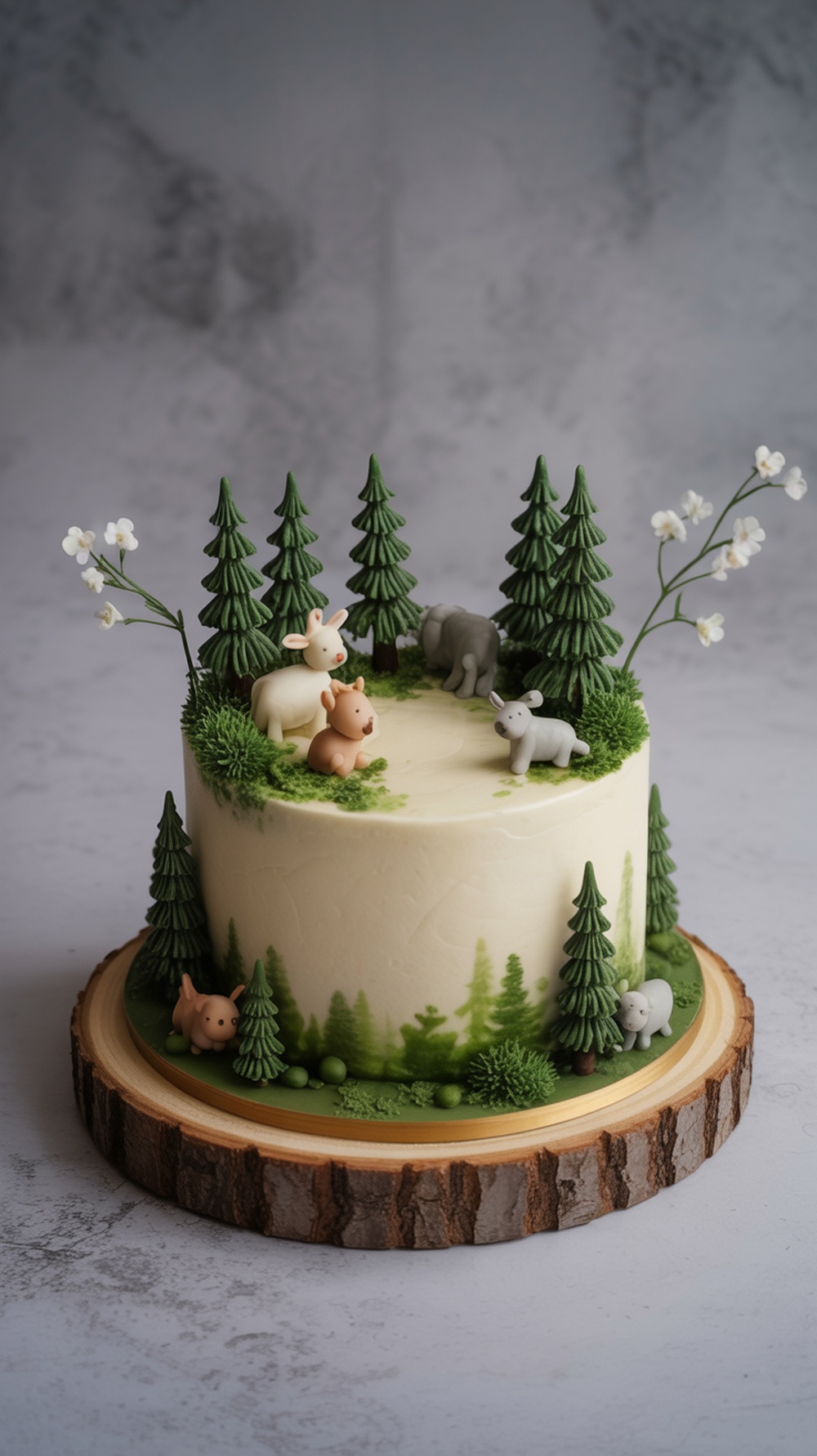 A beautifully decorated woodland themed baby shower cake featuring miniature trees and animals on top.