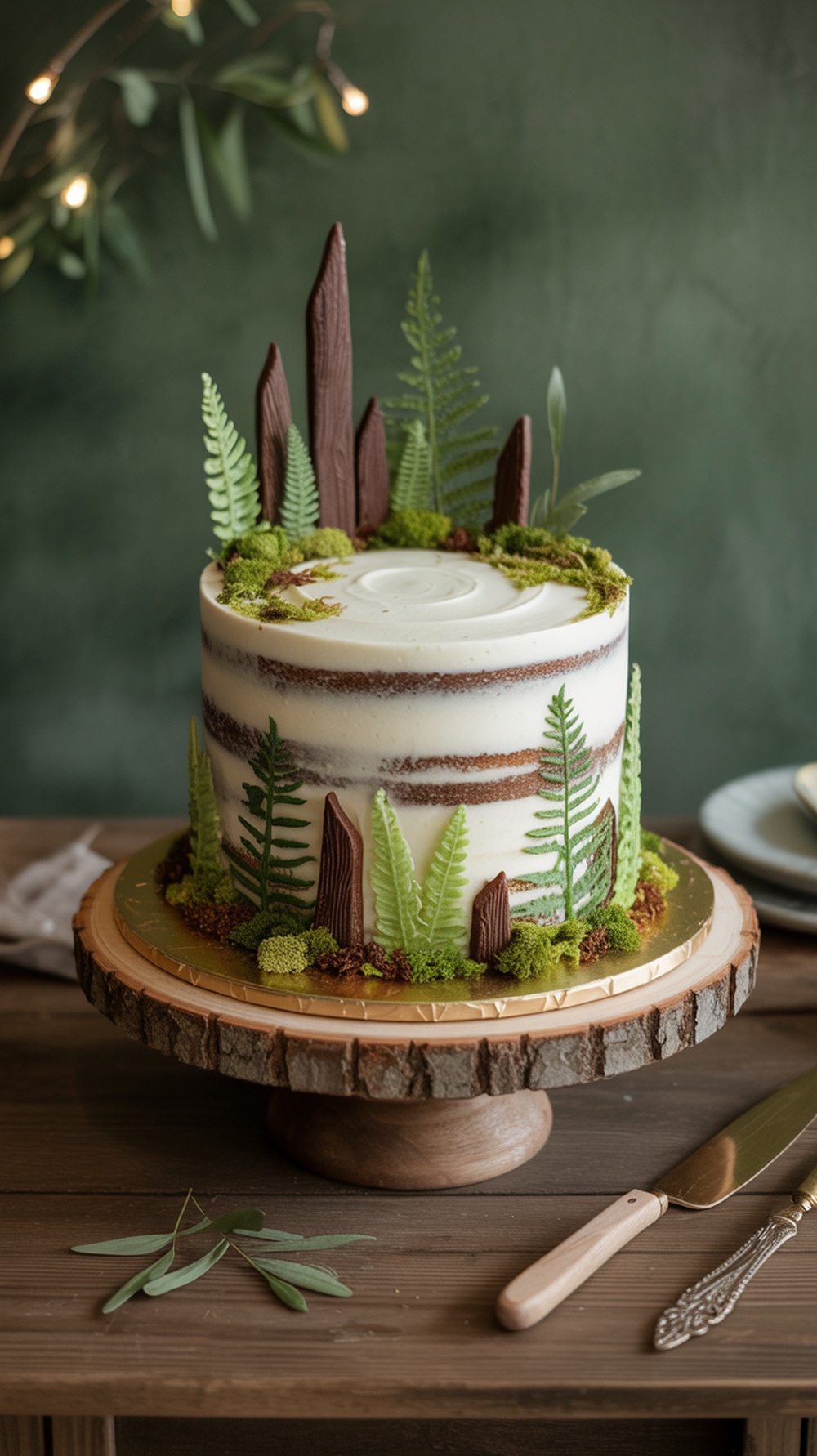 Woodland themed baby shower cake decorated with moss and ferns on a wooden stand