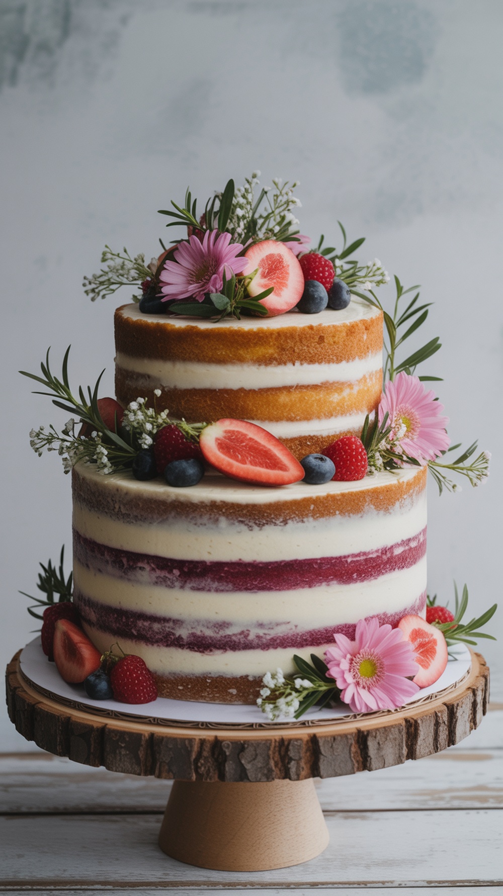A naked cake decorated with fresh fruits and flowers, perfect for a woodland themed baby shower.