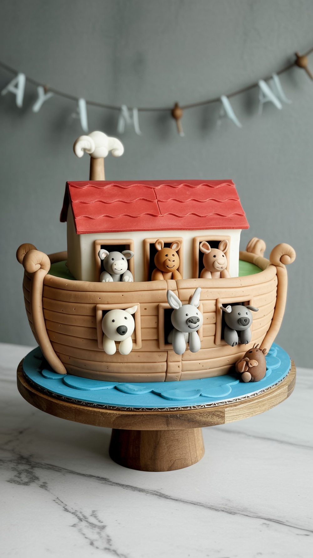 A beautifully crafted Noah's Ark cake featuring various animal figures peeking out from the windows, set on a blue wave base.