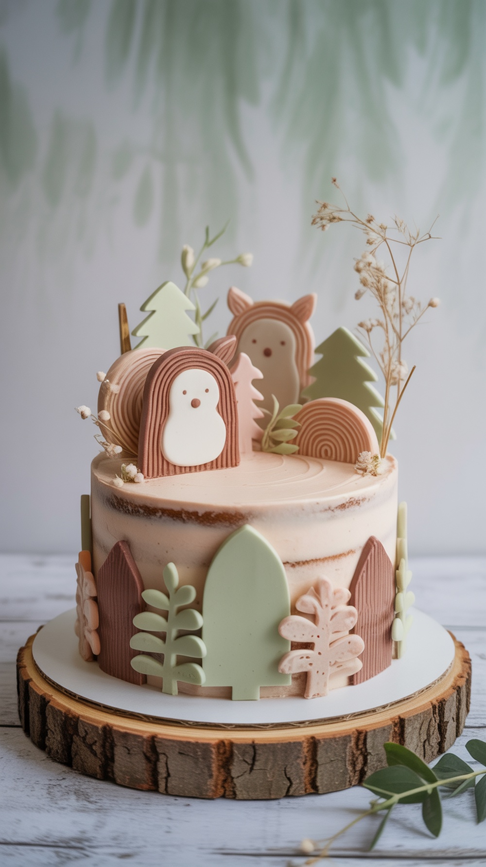 A pastel woodland themed baby shower cake with fondant animals and trees.