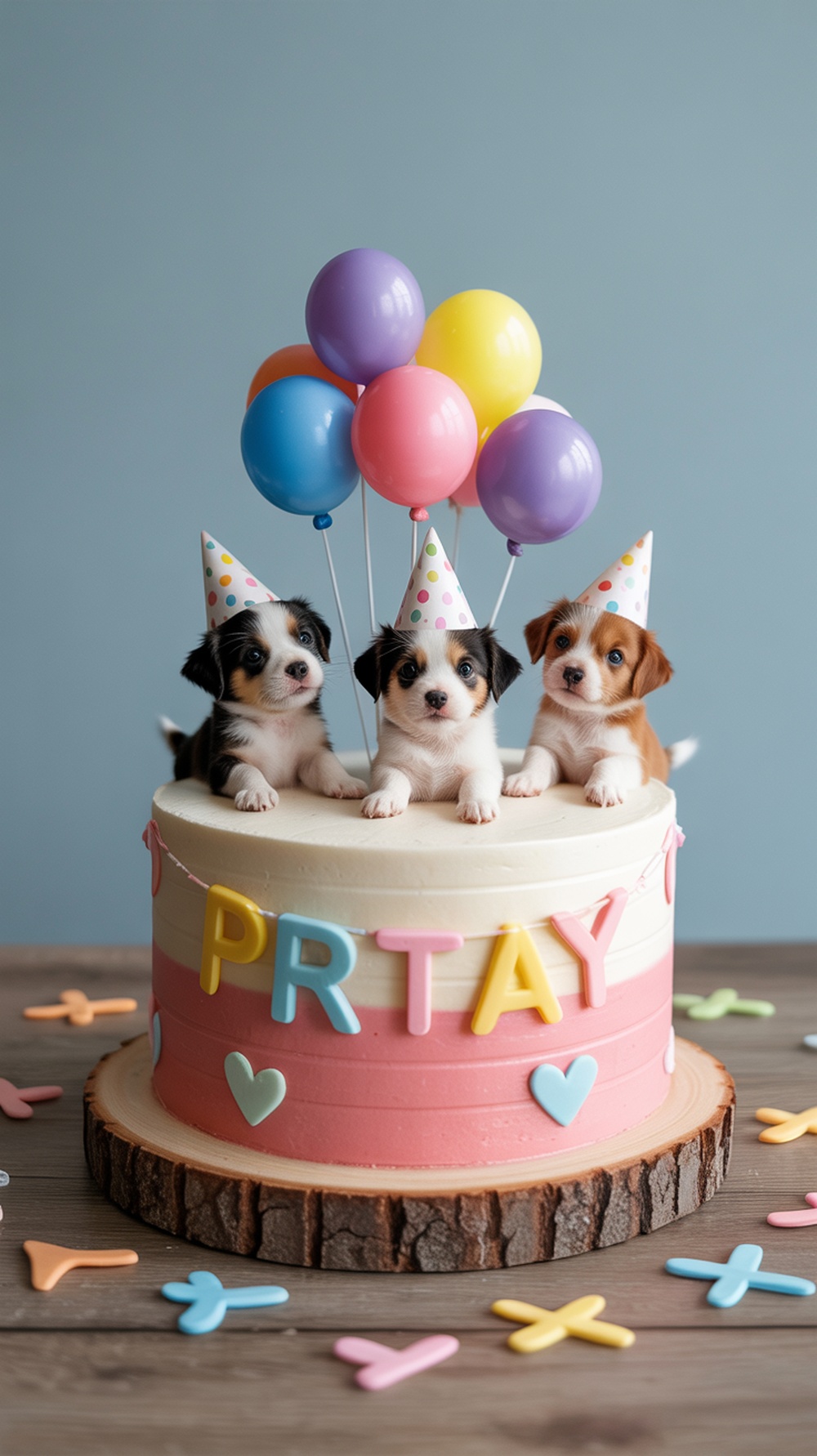 A colorful puppy party cake with three puppies on top, wearing party hats and surrounded by balloons.