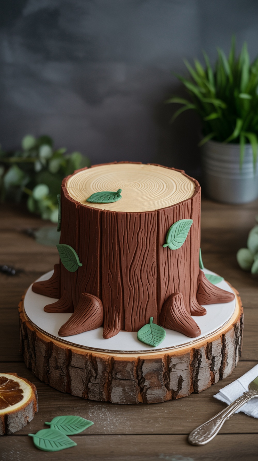 A rustic tree stump cake decorated with fondant leaves, placed on a wooden board.