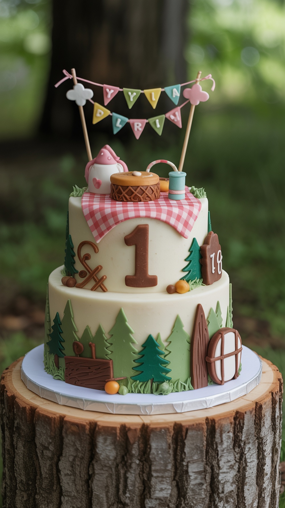 A rustic woodland-themed cake with a picnic scene on top, featuring trees and woodland decorations.
