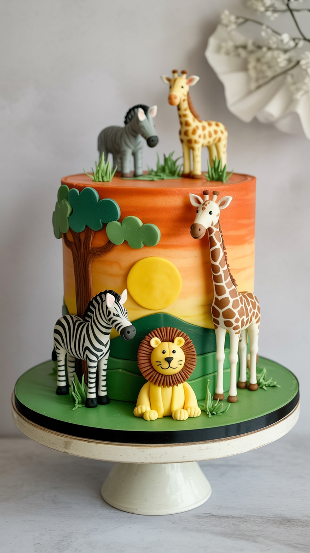 A colorful safari-themed cake featuring fondant animals like a zebra, giraffe, and lion, set against a sunset backdrop.