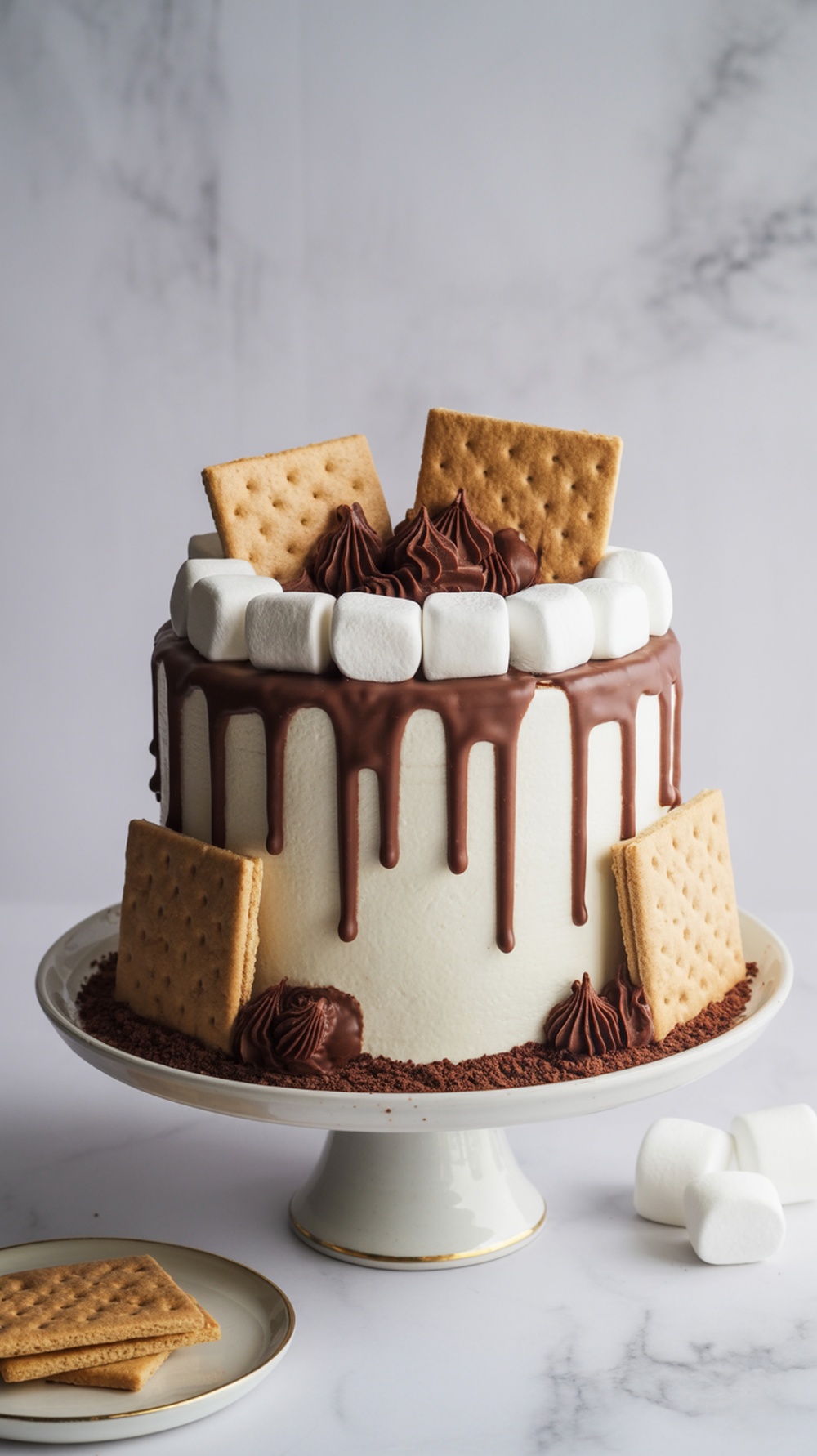 A s'mores inspired cake with chocolate ganache, graham crackers, and marshmallows, perfect for a woodland themed baby shower.