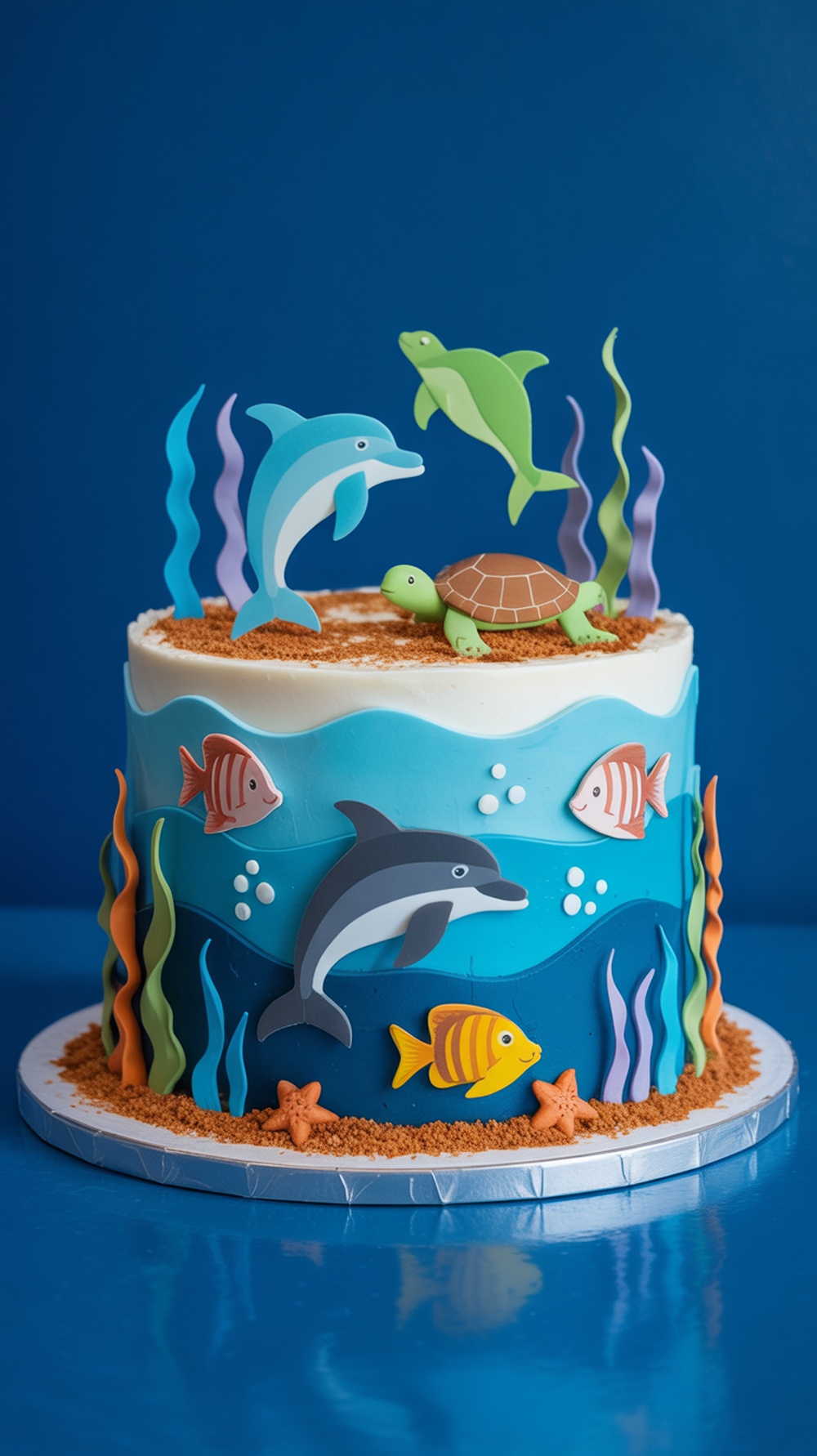 A colorful under the sea themed baby shower cake with dolphins, a turtle, and fish decorations.
