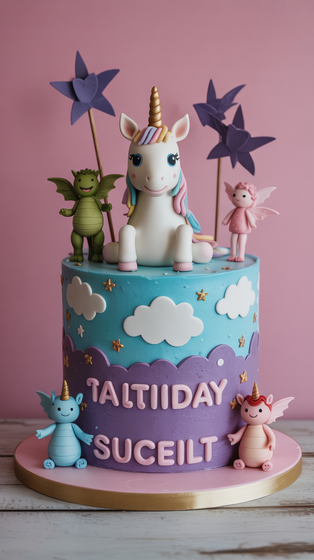 A whimsical cake featuring a unicorn, dragon, and fairy, with pastel colors and decorative clouds and stars.
