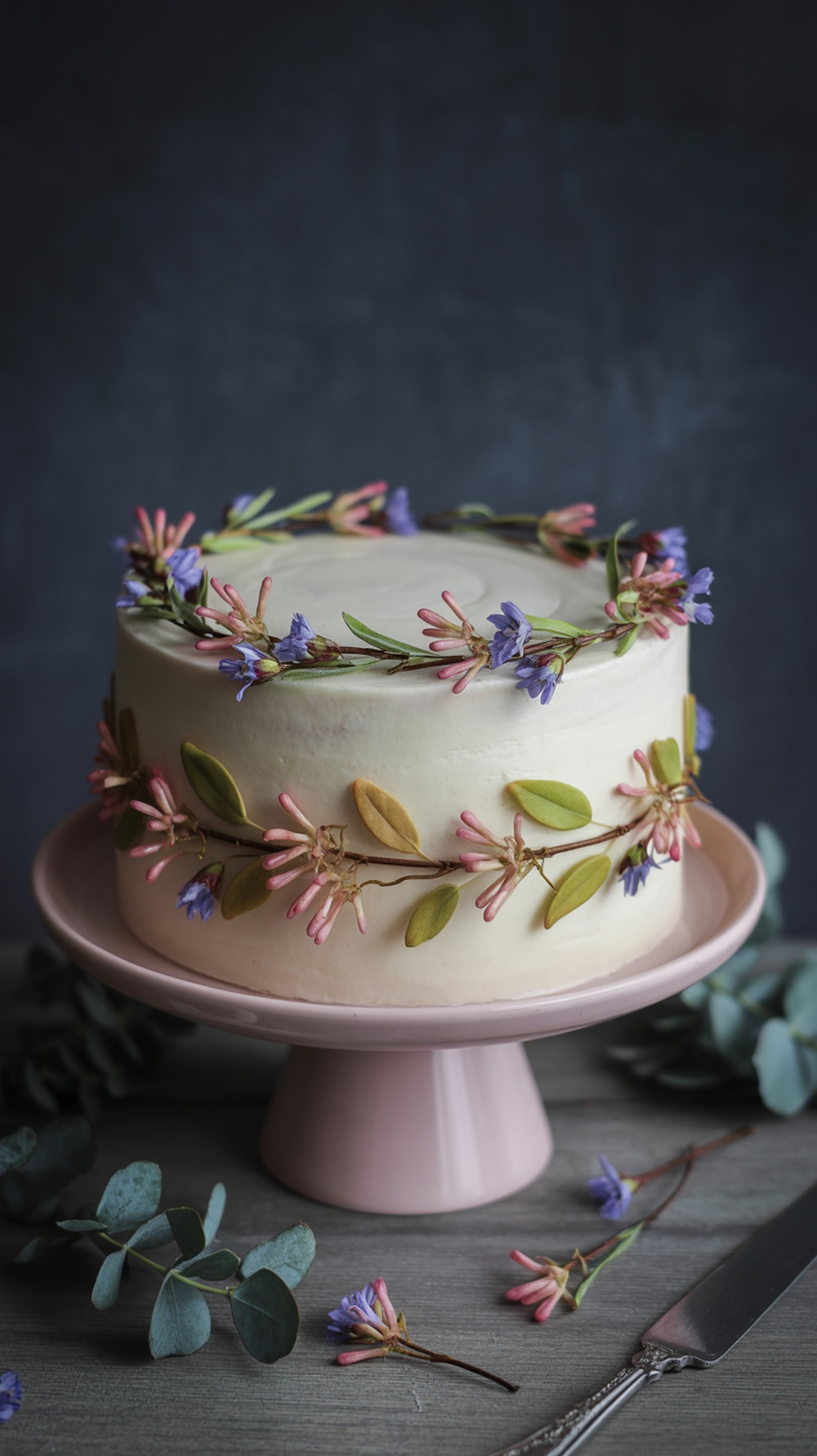 A beautifully decorated cake with a woodland theme, featuring edible flowers and leaves.