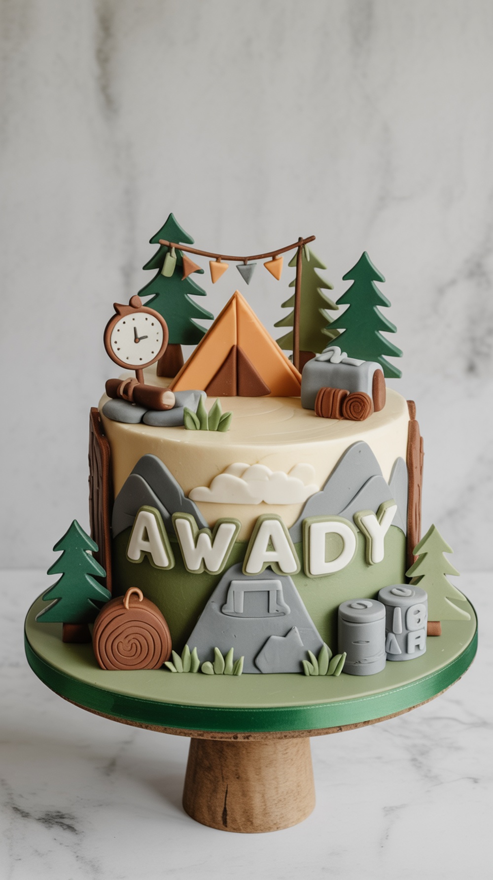 A woodland themed baby shower cake featuring a tent, trees, and outdoor elements.