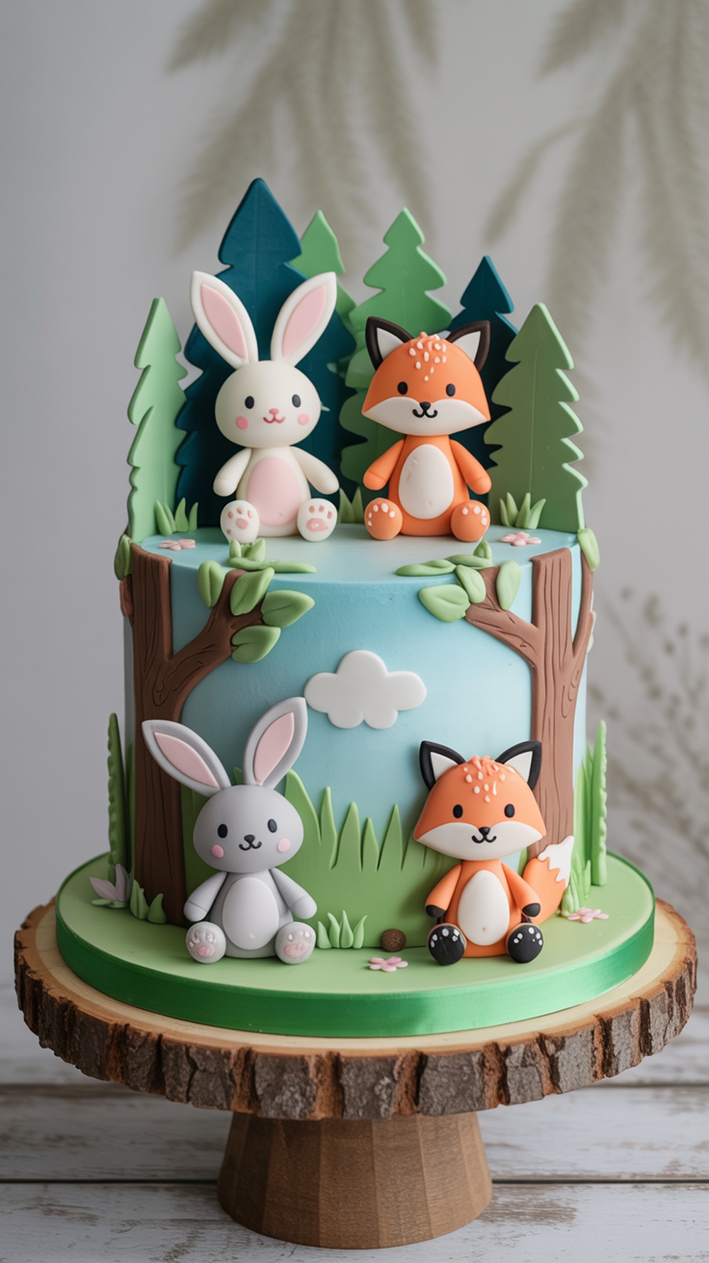 A beautifully decorated woodland themed baby shower cake featuring cute baby animals like bunnies and a fox surrounded by trees.