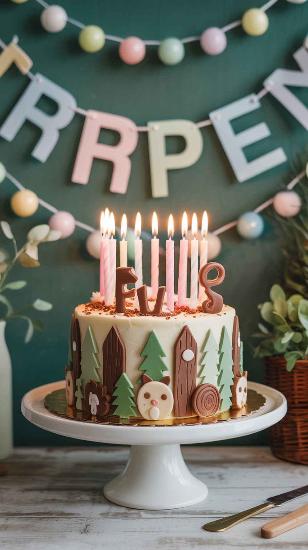 A woodland themed birthday cake with candles, decorated with trees and animals.