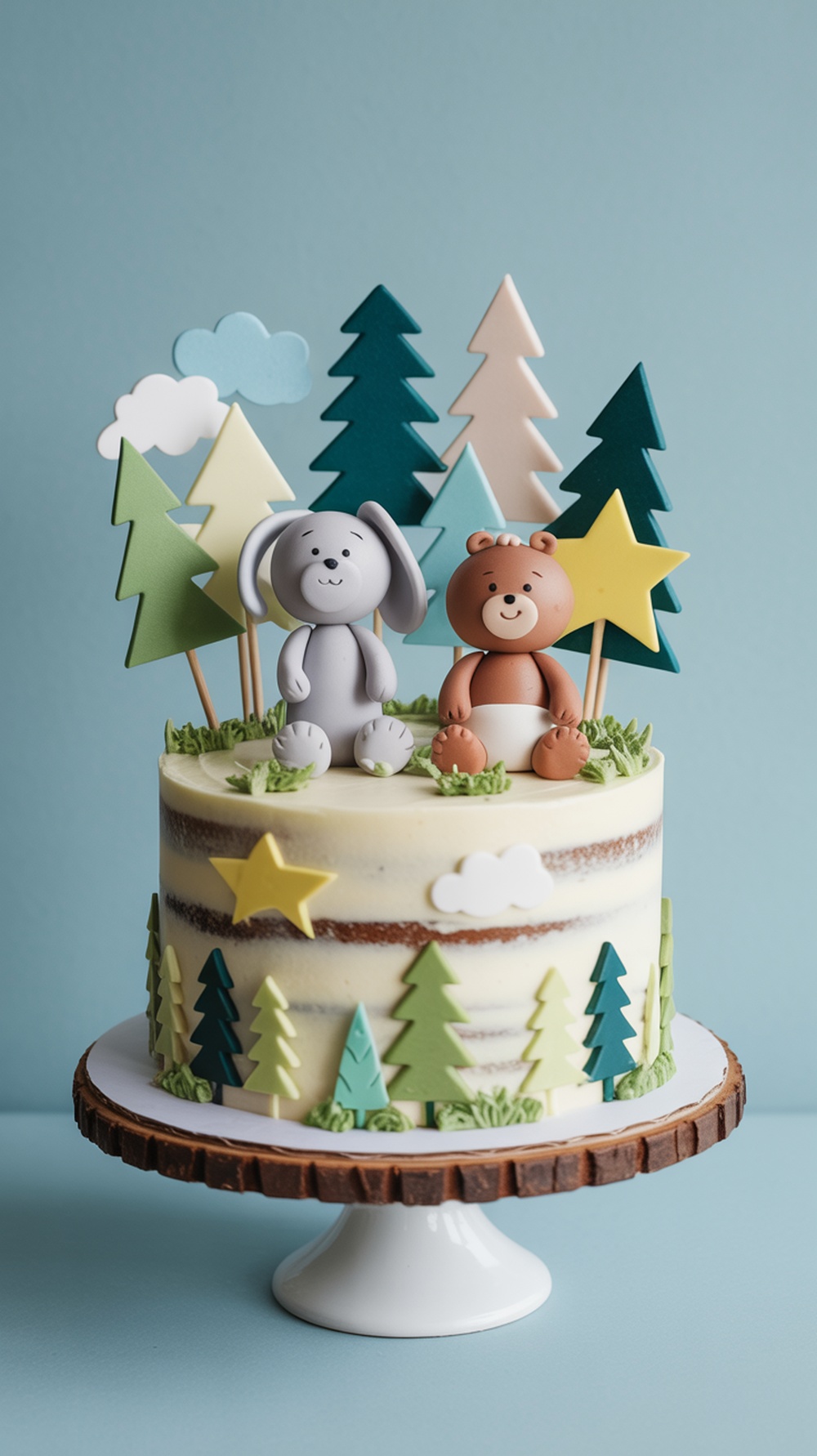 A woodland themed baby shower cake featuring a bear and bunny topper with trees and stars.