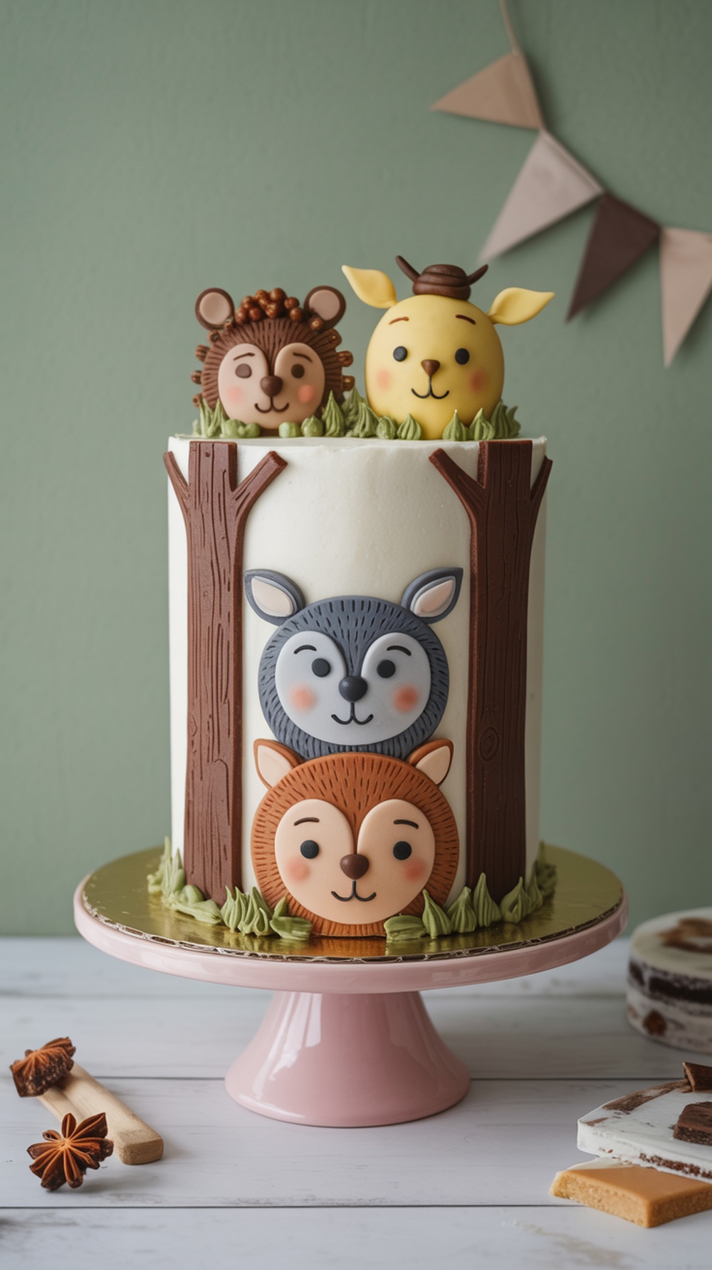 A woodland themed baby shower cake featuring cute animal faces of a bear, deer, raccoon, and fox, with tree trunk decorations and green grass.