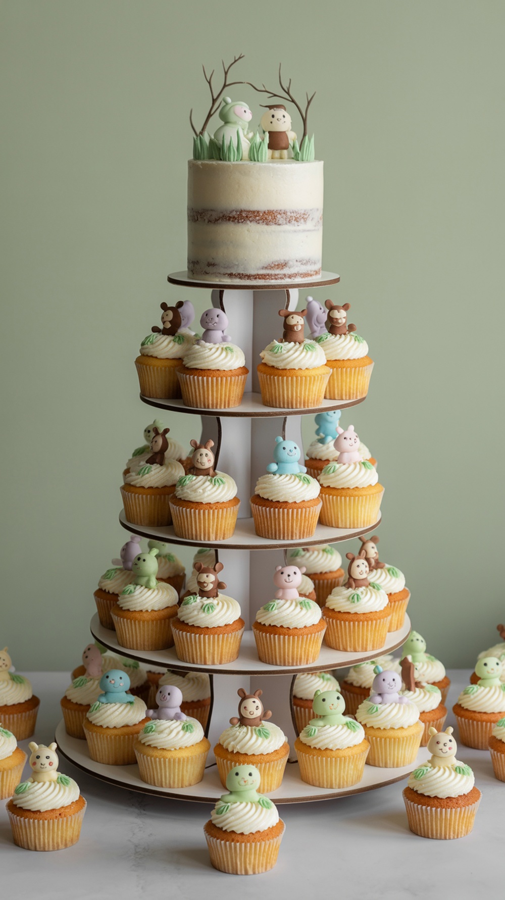 A tiered cupcake tower featuring woodland creature decorations, with a cake on top, all in soft pastel colors.