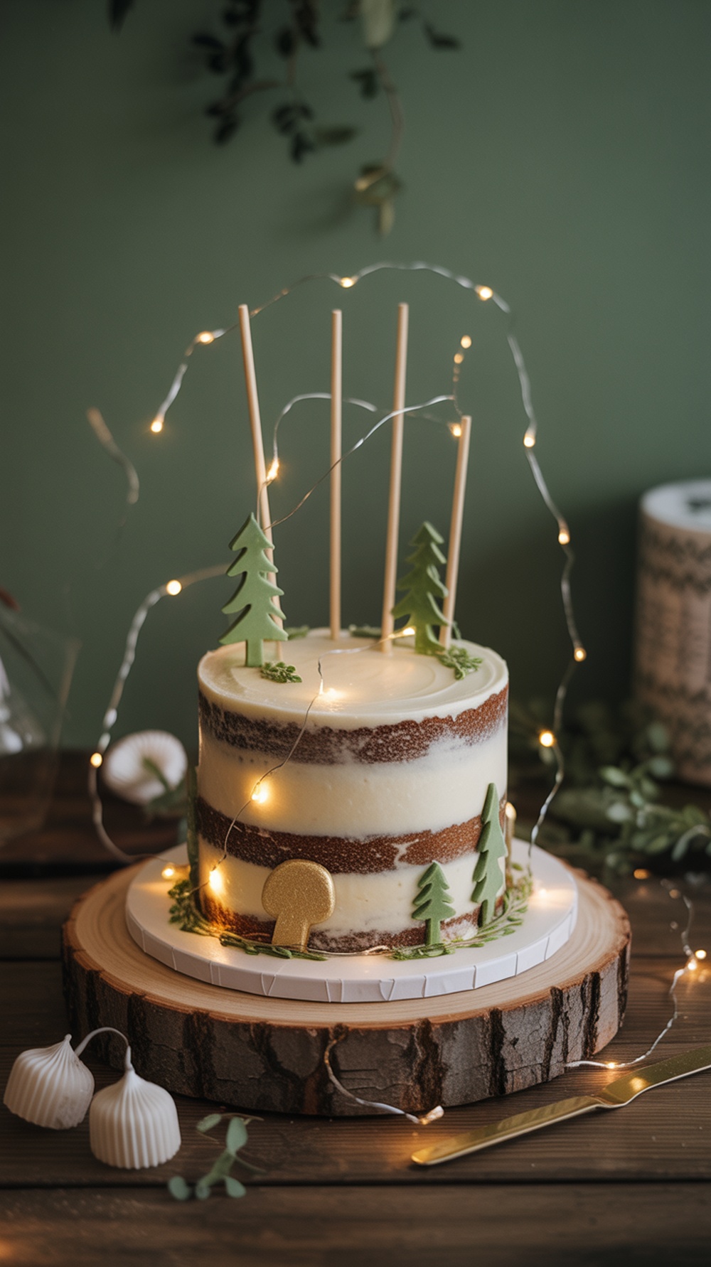 A woodland themed cake with fairy lights, decorated with fondant trees and mushrooms.