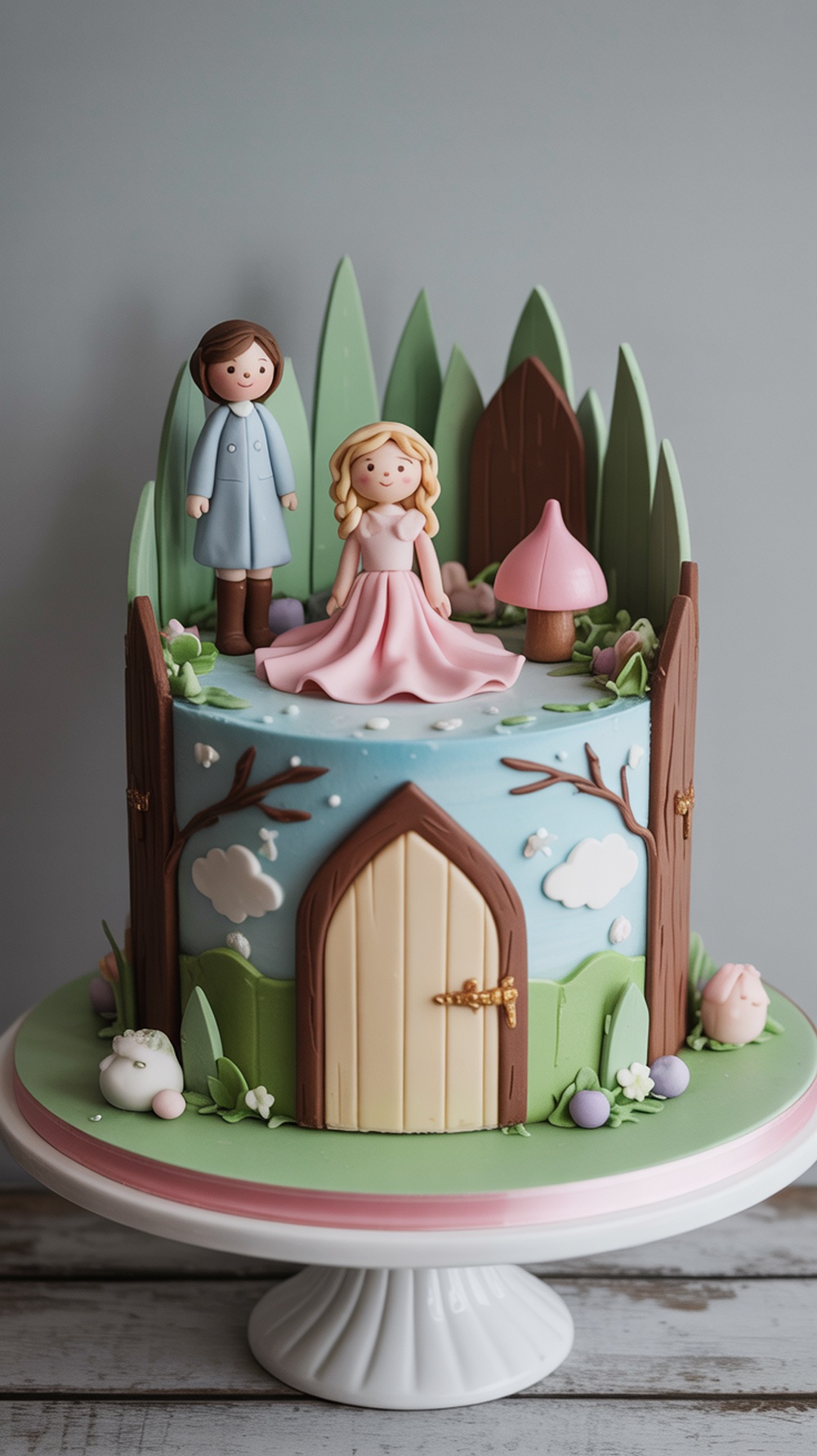 A woodland themed baby shower cake featuring a boy and girl figurine, surrounded by trees, mushrooms, and a door.