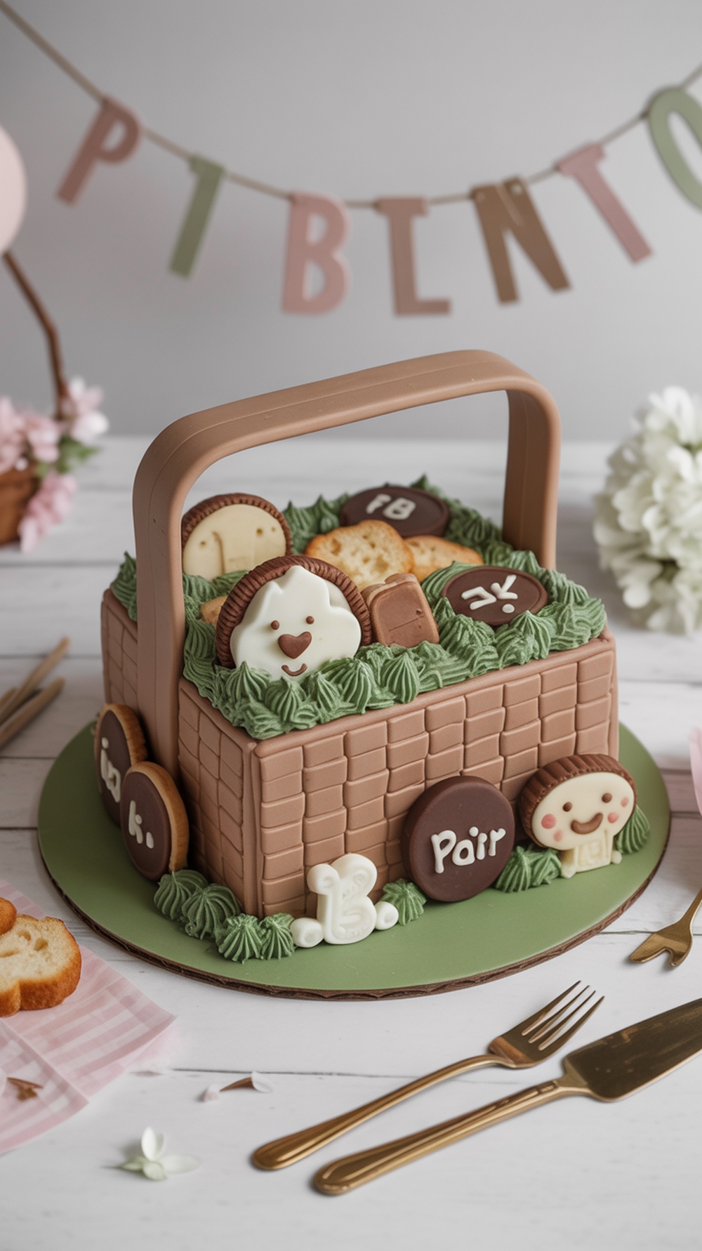 A woodland themed picnic basket cake decorated with cookies and green frosting.