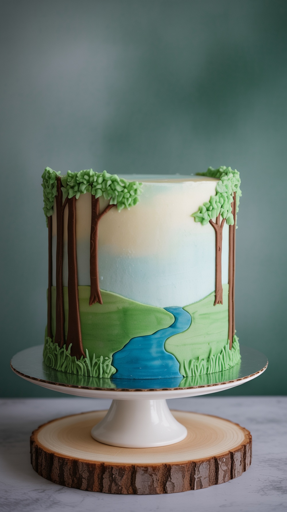 Woodland themed baby shower cake featuring a stream and trees