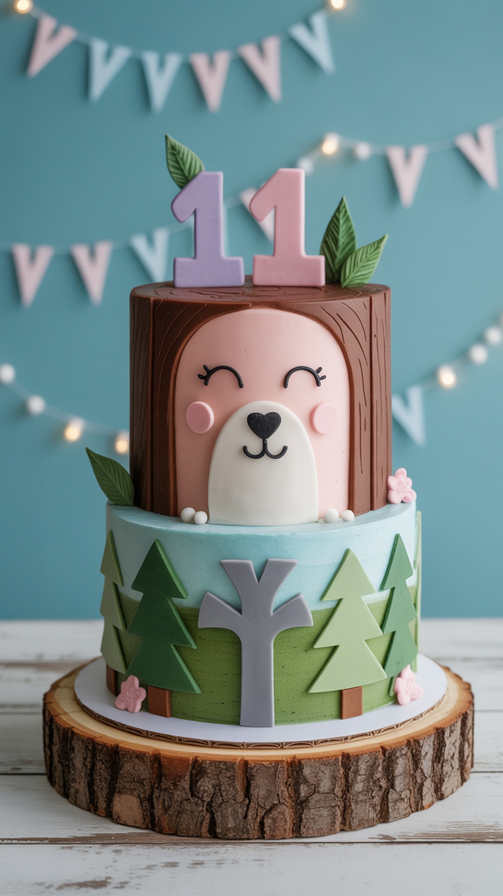 A whimsical woodland themed gender reveal cake featuring a bear face, tree trunk design, and colorful decorations.
