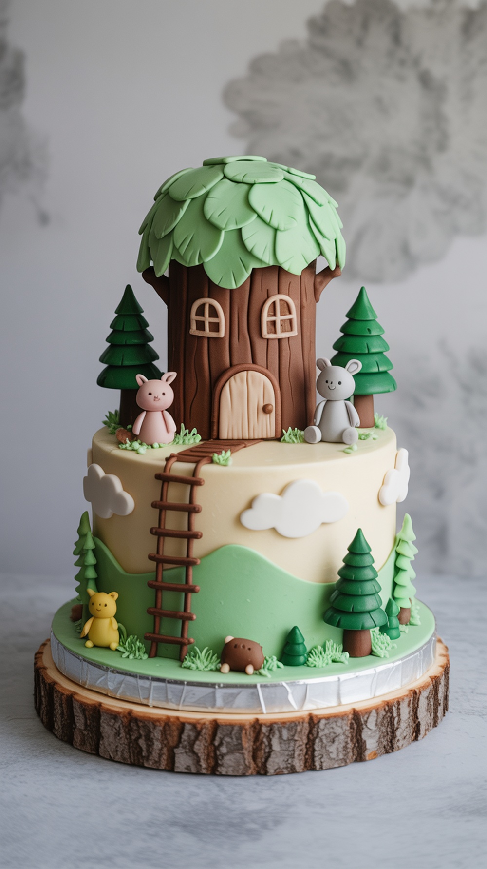 A whimsical cake designed like a woodland treehouse with animal figurines and trees.