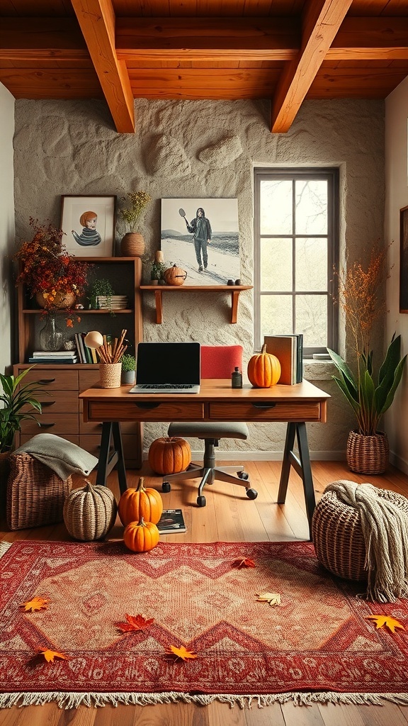 Cozy home office with autumn-inspired decor, featuring desk plants and pumpkins.