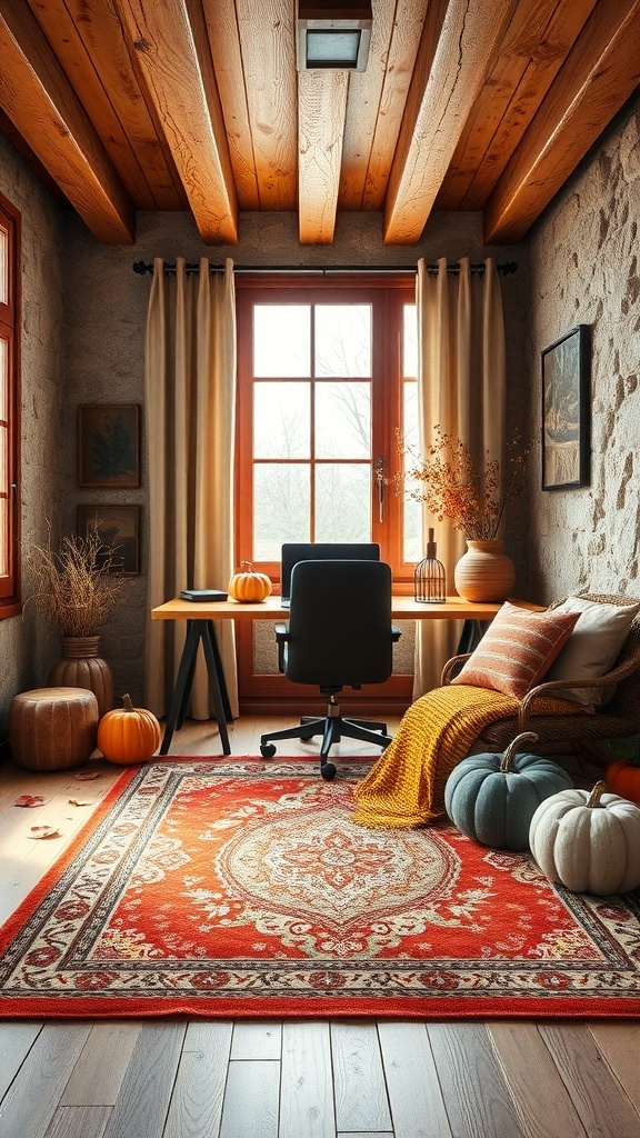 A cozy home office with autumn decor, featuring a vibrant area rug, pumpkins, and warm textiles.