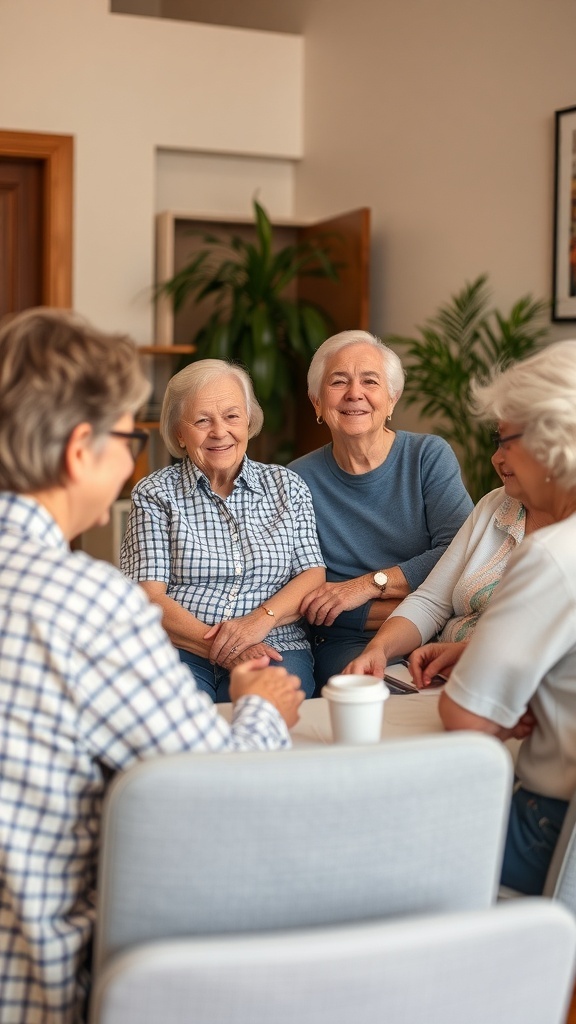 A group of older women sitting together, discussing and sharing experiences.