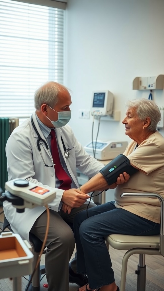 A doctor checking a patient's blood pressure in a medical office.