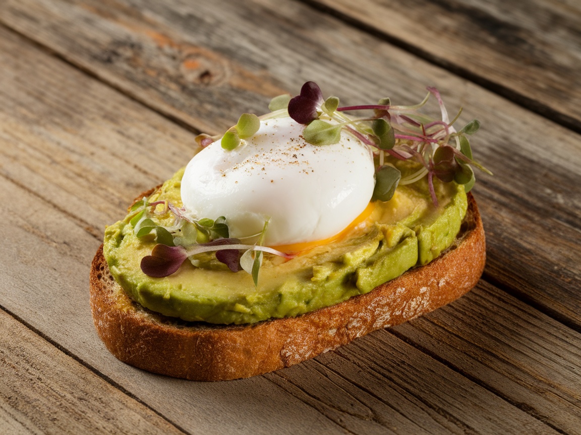 Avocado toast topped with a poached egg on a wooden table.