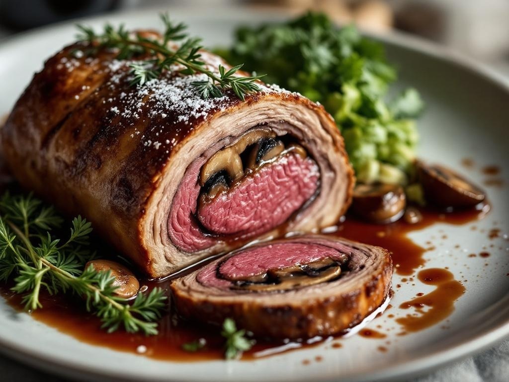 A beautifully cooked Beef Wellington with a golden crust, sliced to reveal tender beef and mushrooms inside, garnished with fresh herbs.