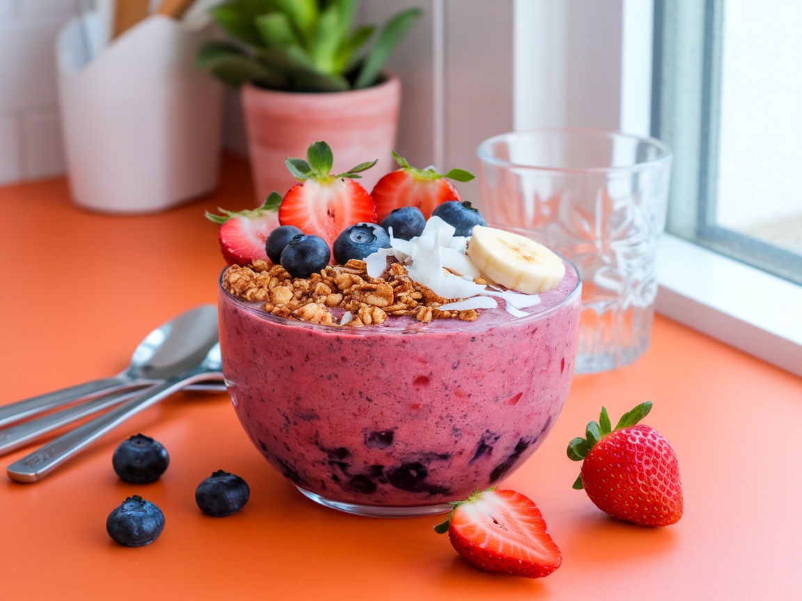 A colorful berry smoothie bowl topped with fresh strawberries, blueberries, banana slices, granola, and coconut flakes.