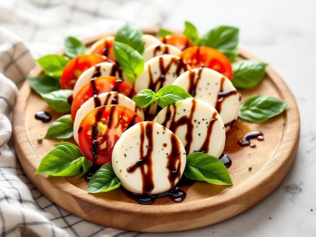 A beautifully arranged Caprese salad with fresh mozzarella, tomatoes, basil leaves, and a balsamic reduction on a wooden platter.