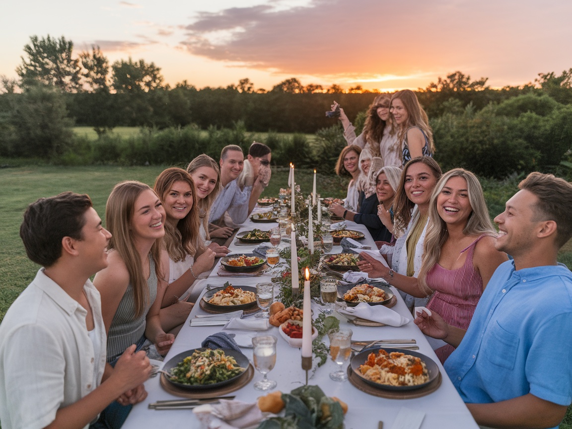 A group of friends enjoying a summer dinner party outdoors at sunset.