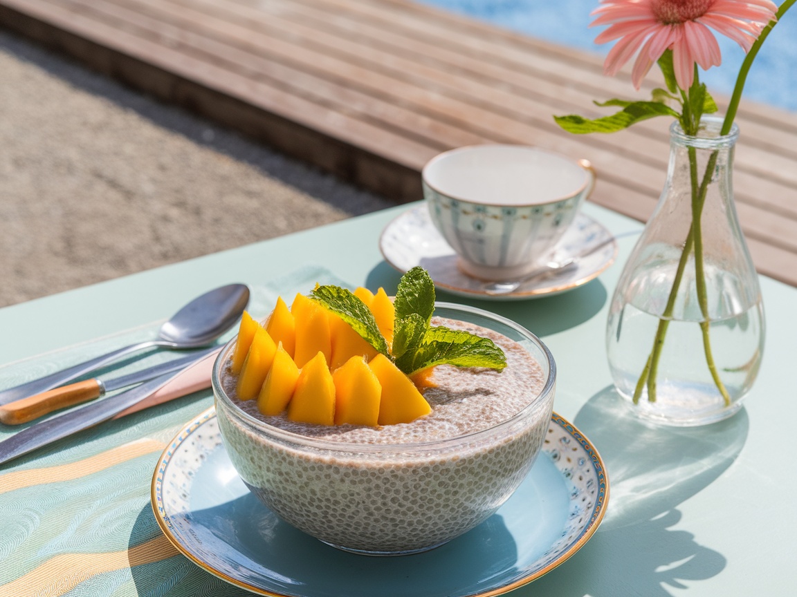 Chia seed pudding topped with mango slices and mint, served in a bowl on a colorful table setting.