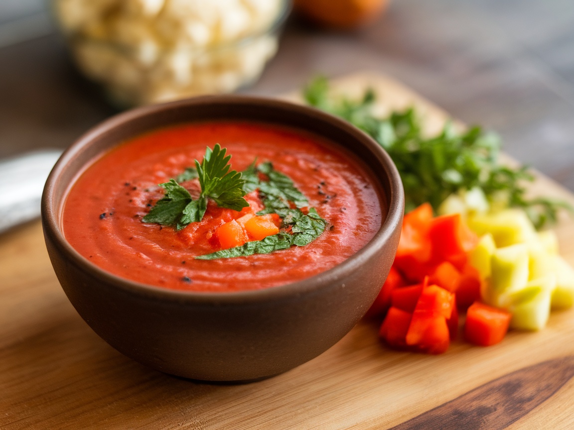 A bowl of chilled tomato soup garnished with fresh herbs and diced vegetables, surrounded by chopped ingredients.