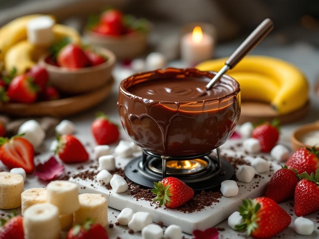A bowl of melted chocolate surrounded by fresh strawberries, bananas, and marshmallows for fondue.
