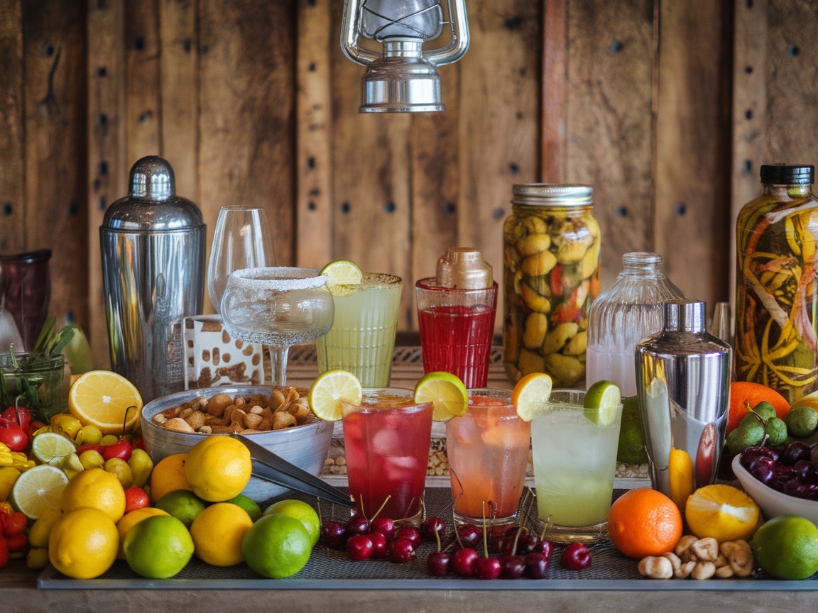 A colorful display of cocktail ingredients including fruits, mixers, and glassware for a summer dinner party.