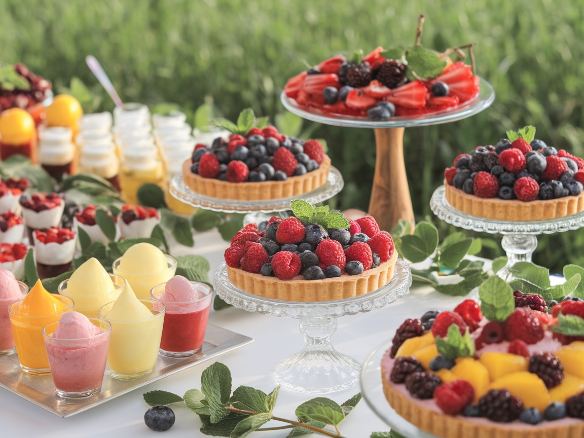 A beautiful display of summer desserts including fruit tarts, sorbets, and layered desserts, perfect for a summer dinner party.