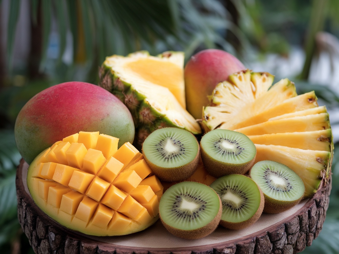 A vibrant platter of exotic fruits including mango, kiwi, and pineapple, arranged beautifully on a wooden board.