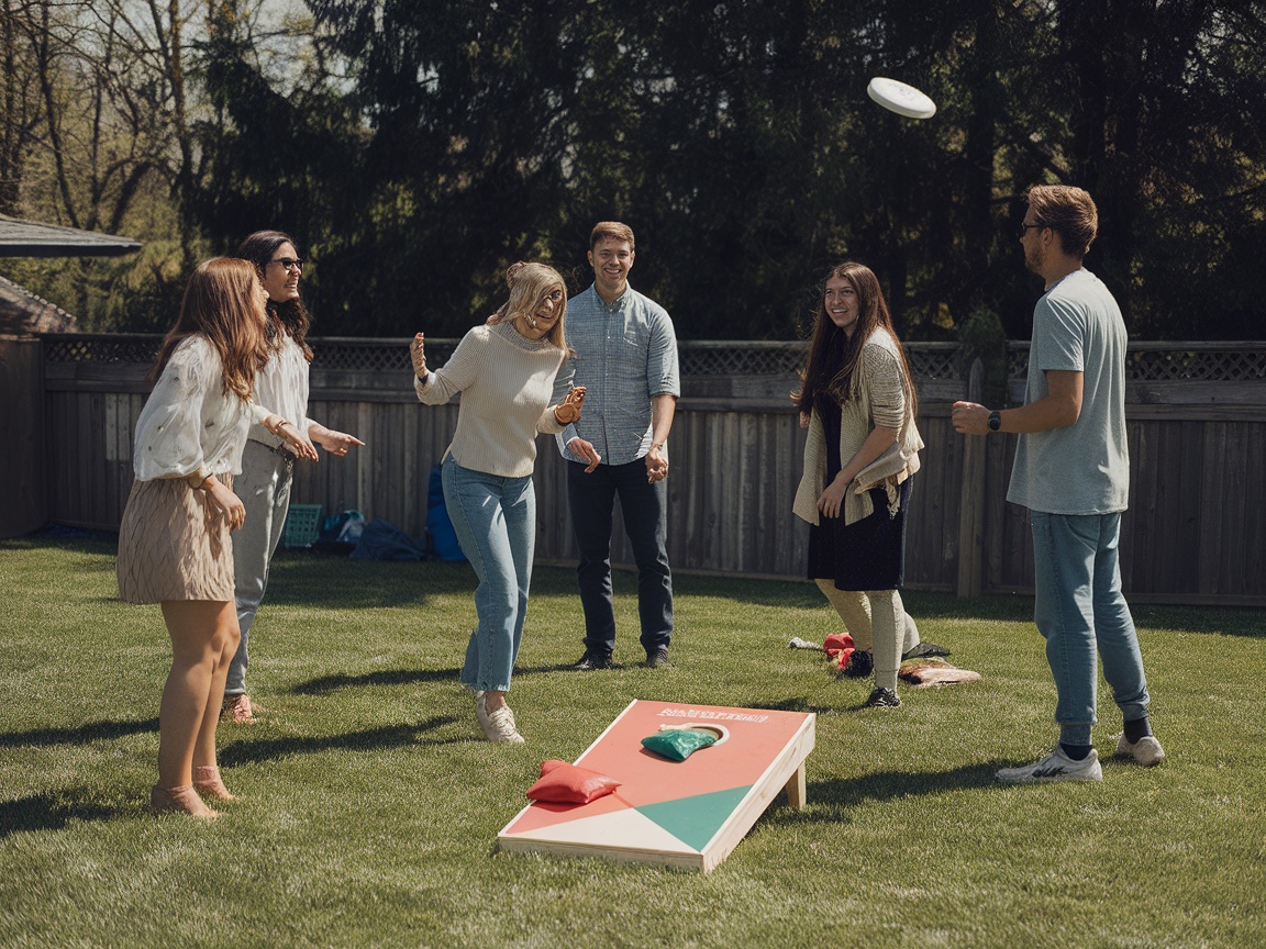 Group of friends playing games in a backyard during a summer dinner party.