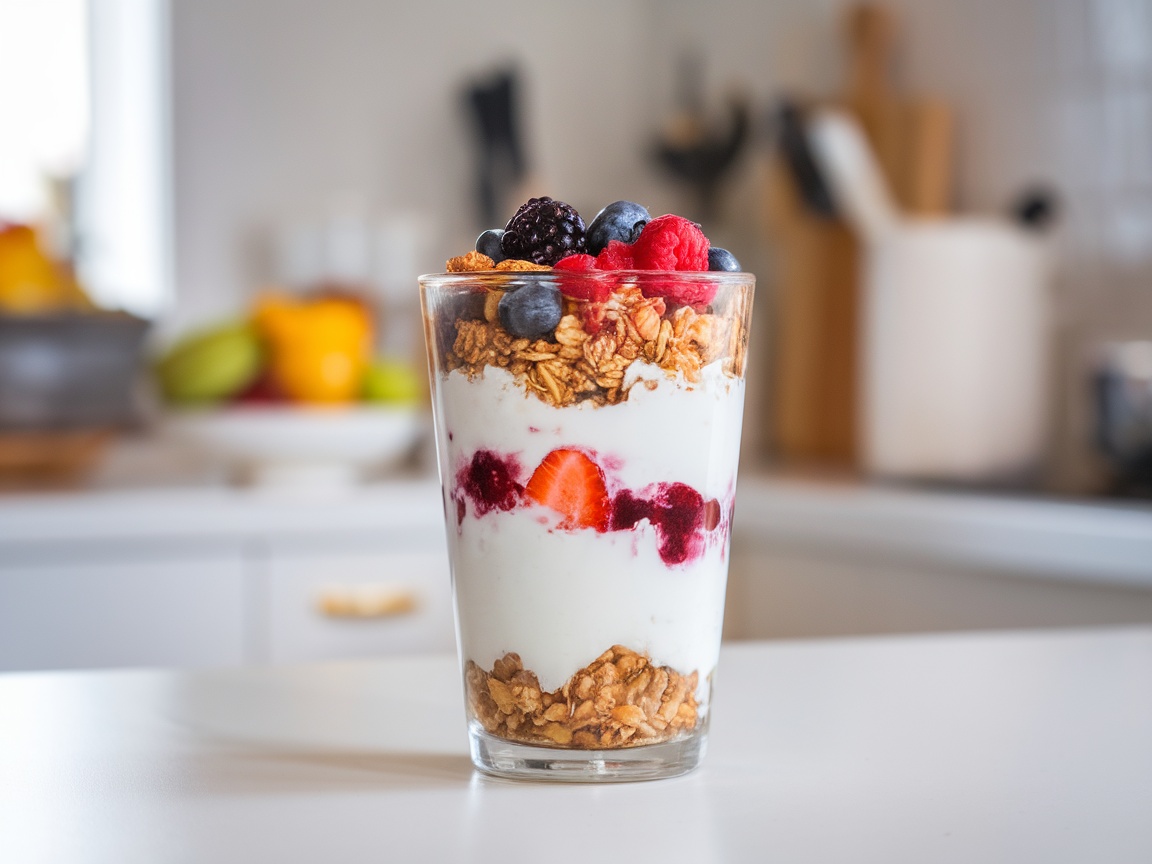 A glass of Greek yogurt parfait layered with granola, strawberries, blueberries, and raspberries.