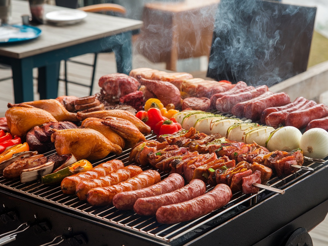 A grill filled with various meats and vegetables, perfect for a summer dinner party.
