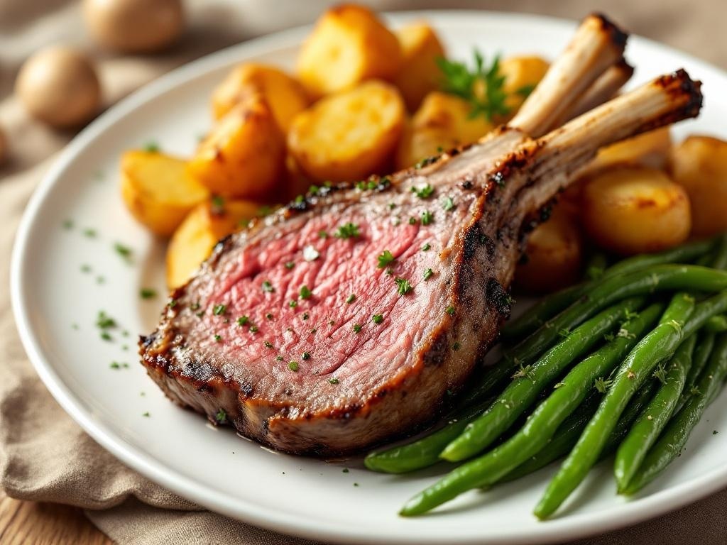 Herb-crusted rack of lamb with roasted potatoes and green beans on a plate.