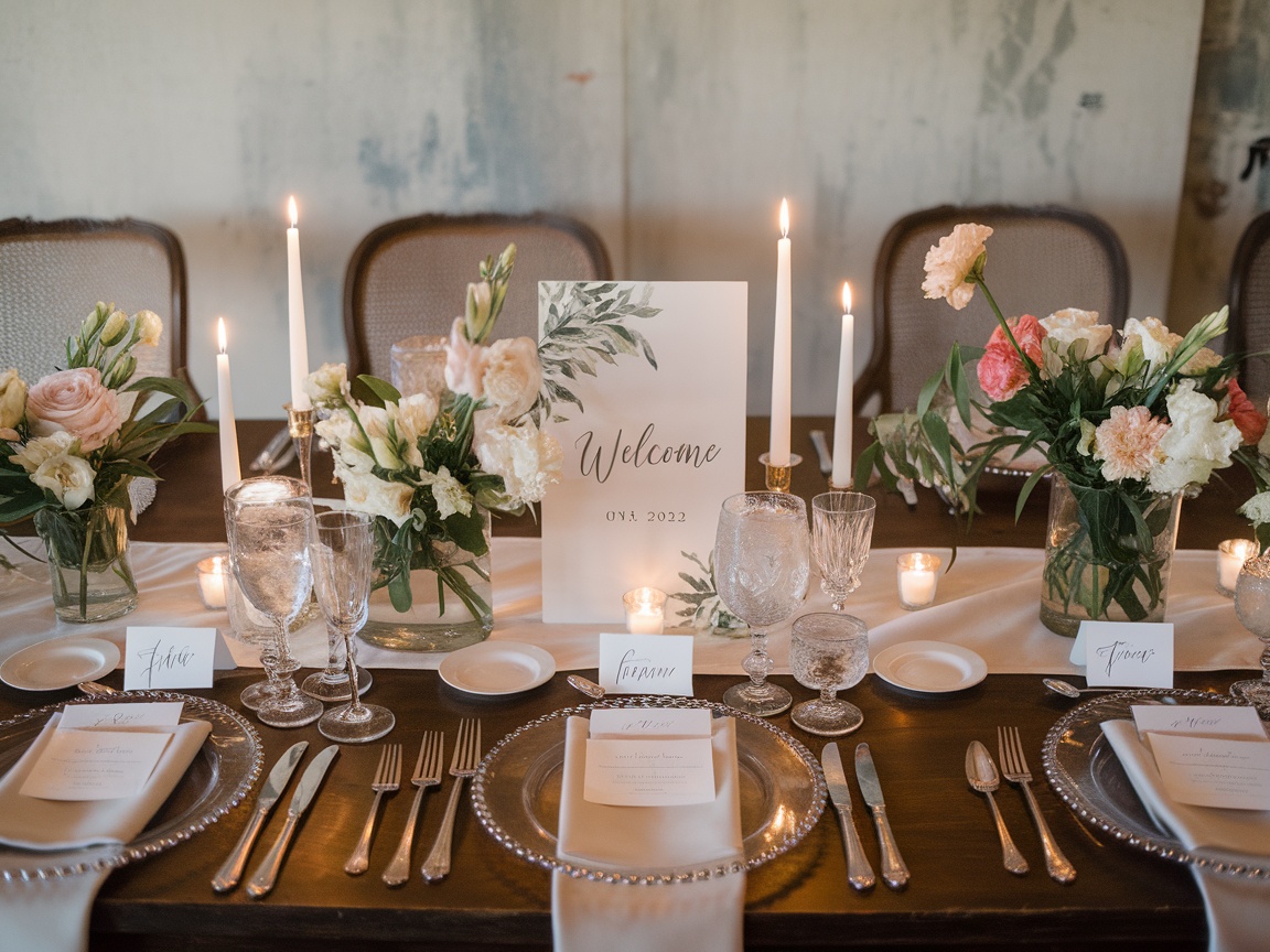 A beautifully set dinner table with flowers, candles, and a welcome sign for a summer dinner party.