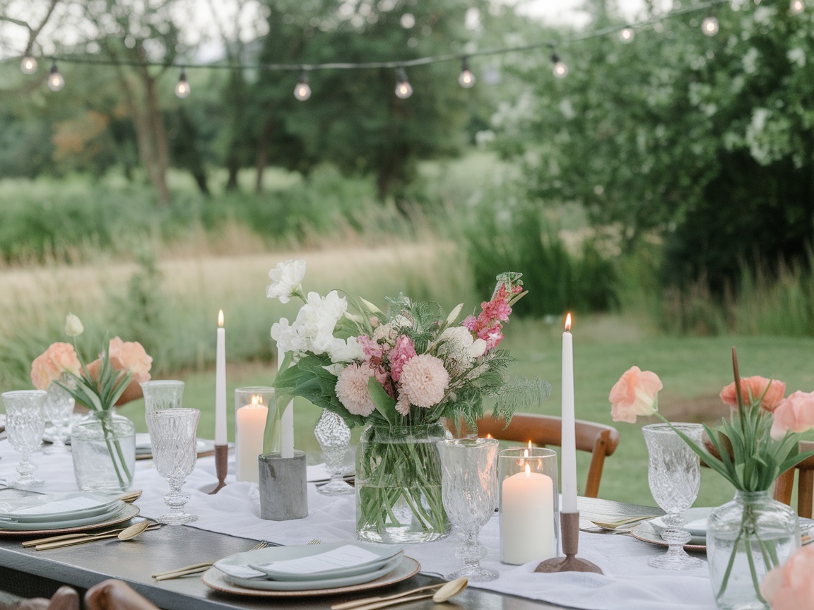 A beautifully set outdoor dinner table with flowers and candles, surrounded by greenery.